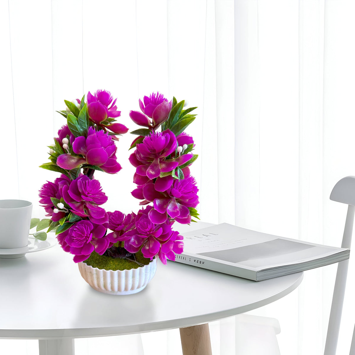 Artificial Flower Bonsai in White Pot – 24 cm, Packs of 3 or 6, Assorted Colours - photo 3
