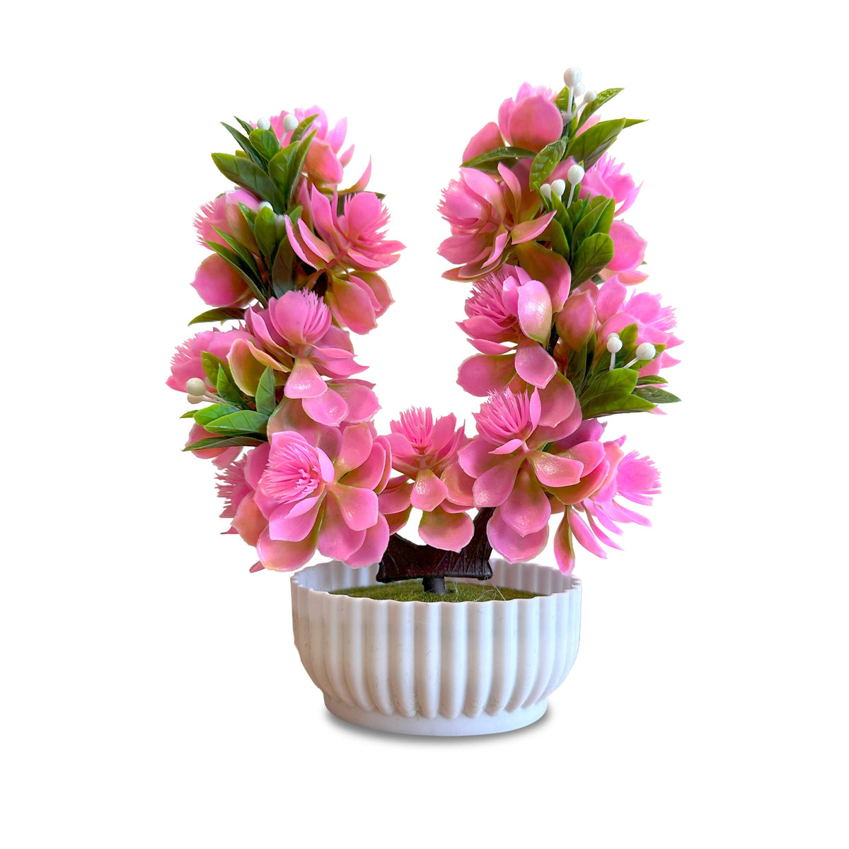 Artificial Flower Bonsai in White Pot – 24 cm, Packs of 3 or 6, Assorted Colours - 3 Plants, Assorted Colours