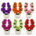 Artificial Flower Bonsai in White Pot – 24 cm, Packs of 3 or 6, Assorted Colours - 6 Plants, Assorted Colours