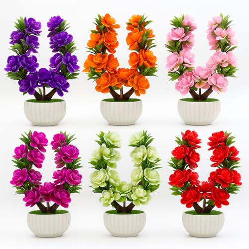 Artificial Flower Bonsai in White Pot – 24 cm, Packs of 3 or 6, Assorted Colours - 6 Plants, Assorted Colours