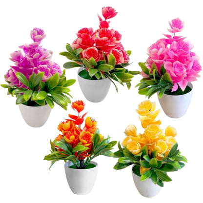 Artificial Potted Flowers – Poppies or Roses in White Pots, Packs of 3 or 5 - Poppy, Pack of 5