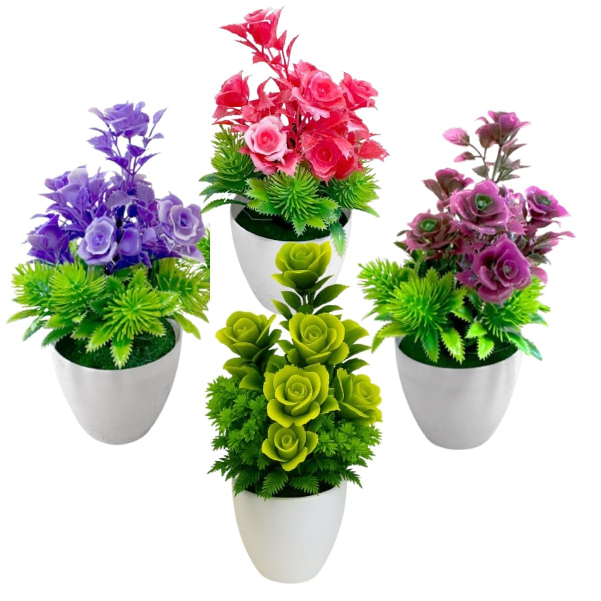 Artificial Potted Flowers – Poppies or Roses in White Pots, Packs of 3 or 5 - Rose, Pack of 5