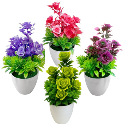 Artificial Potted Flowers – Poppies or Roses in White Pots, Packs of 3 or 5 - Rose, Pack of 5