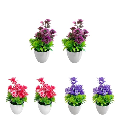 Artificial Potted Flowers – Poppies or Roses in White Pots, Packs of 3 or 5