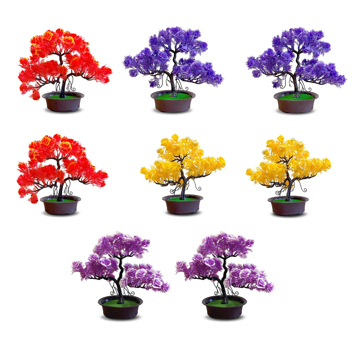 Artificial Flowering Bonsai Trees in Pots – Pack of 2 or 3, Assorted Colours - Pack of 2