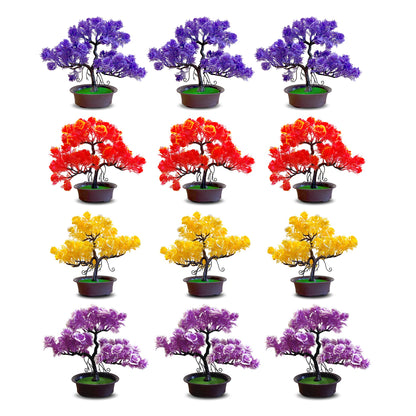 Artificial Flowering Bonsai Trees in Pots – Pack of 2 or 3, Assorted Colours - Pack of 3