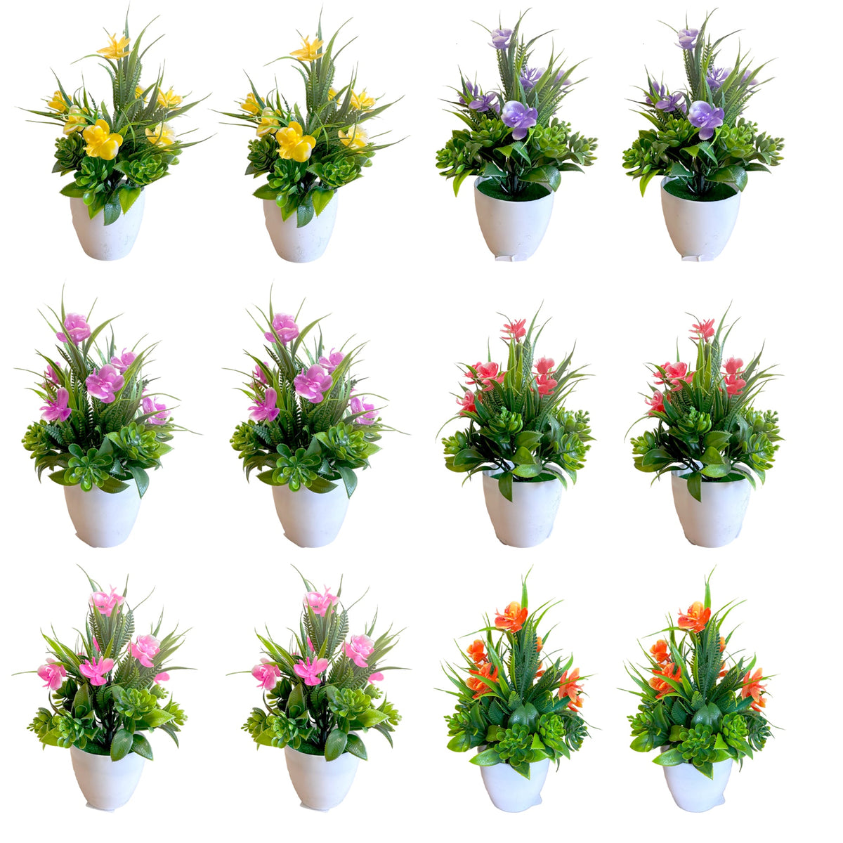 Mini Artificial Flowers in White Pots – Pack of 2 or 3, Assorted Colours - Pack of 2