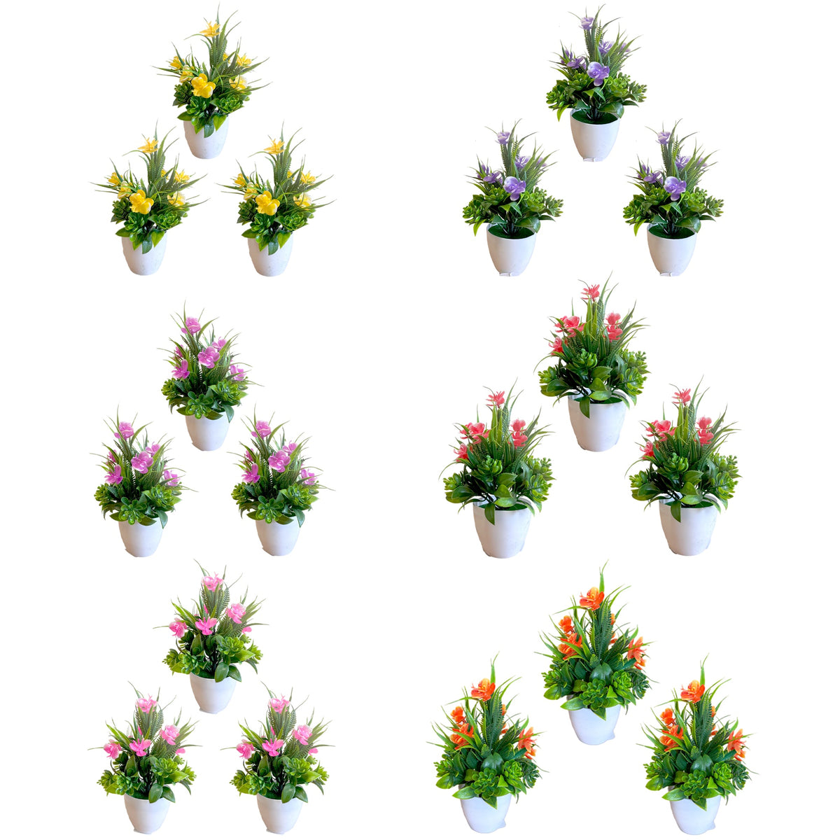 Mini Artificial Flowers in White Pots – Pack of 2 or 3, Assorted Colours - Pack of 3
