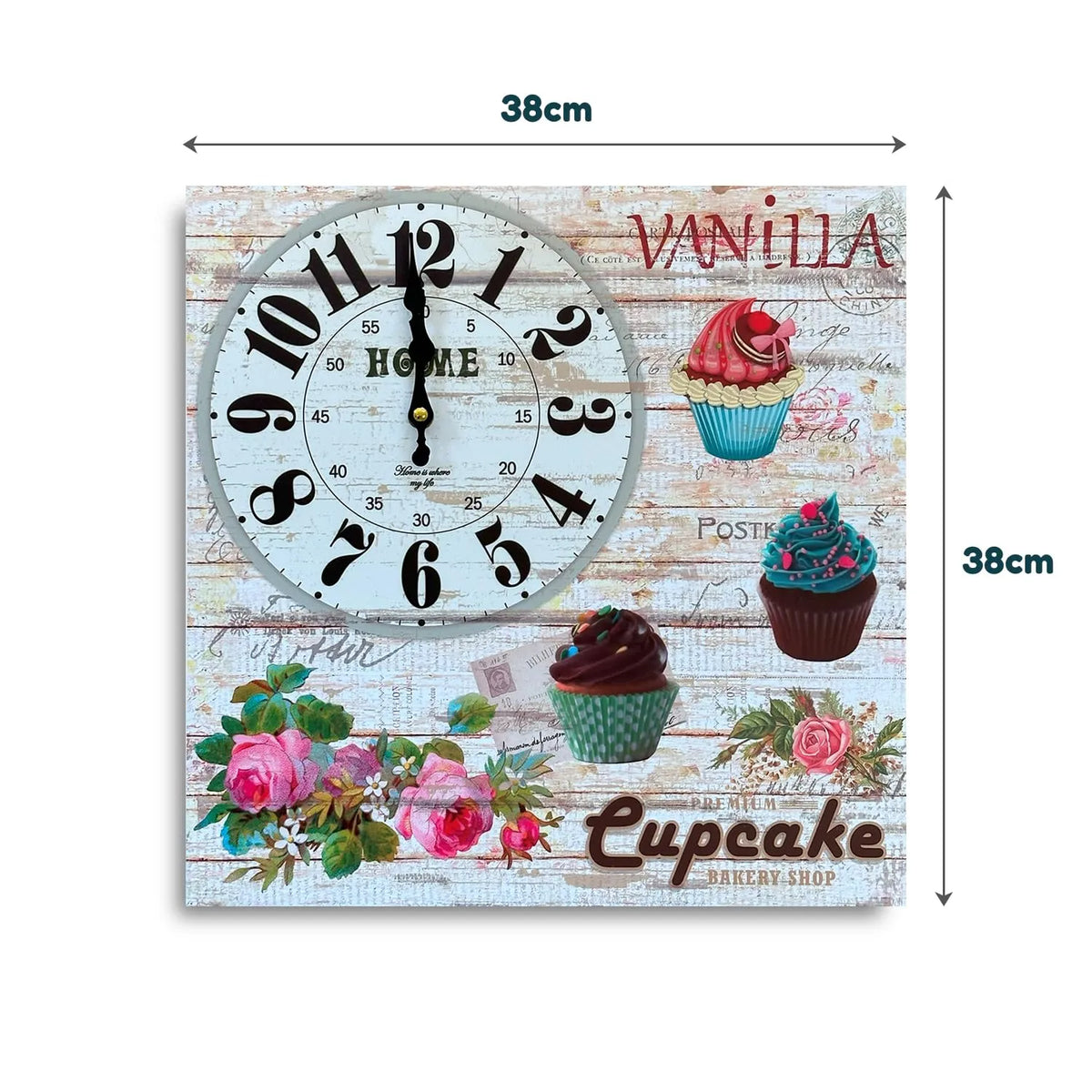 Cupcake Bakery Square Wall Clock – 38 cm, Shabby Chic Wood - photo 3