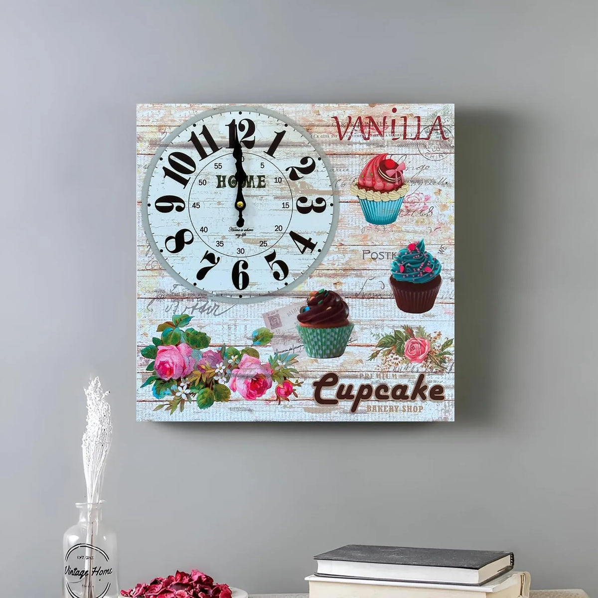 Cupcake Bakery Square Wall Clock – 38 cm, Shabby Chic Wood - photo 4