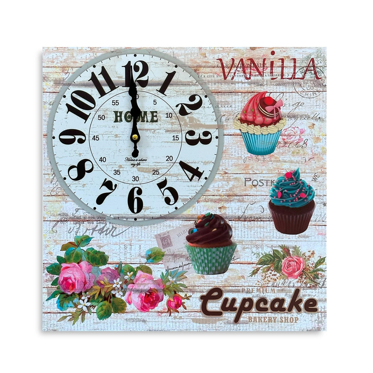 Cupcake Bakery Square Wall Clock – 38 cm, Shabby Chic Wood