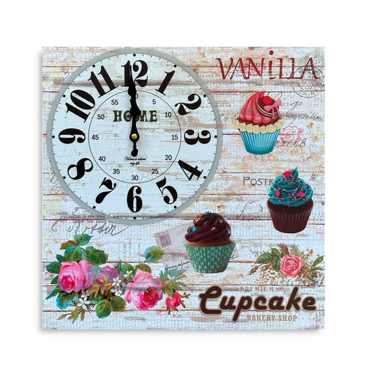 Cupcake Bakery Square Wall Clock – 38 cm, Shabby Chic Wood