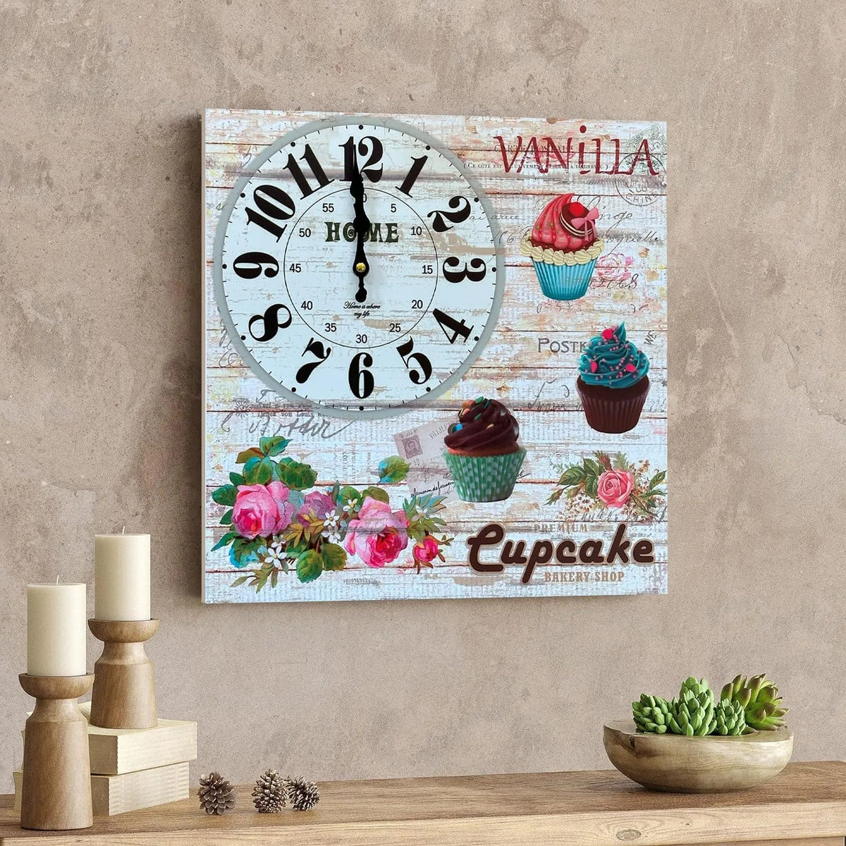 Cupcake Bakery Square Wall Clock – 38 cm, Shabby Chic Wood - photo 2