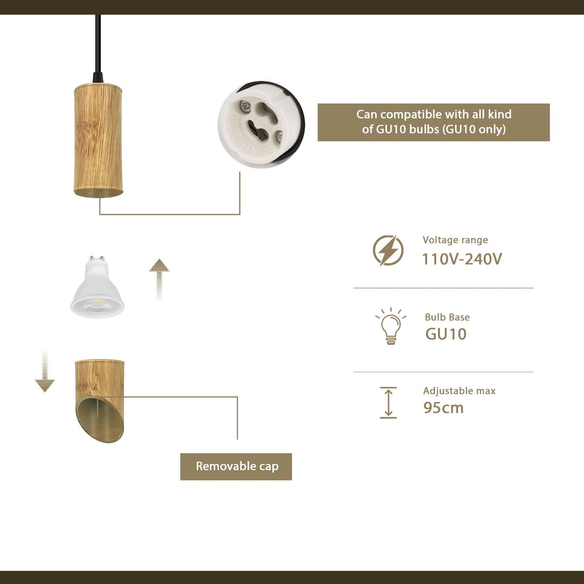 Bamboo Tube Pendant Light – Natural Wood, GU10, Adjustable Cable - photo 5