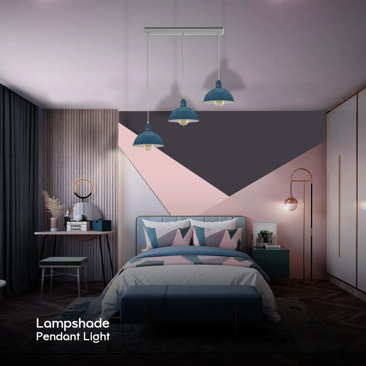 3-Light Dome Pendant – Cyan Blue, Bar or Round Ceiling Rose - photo 3