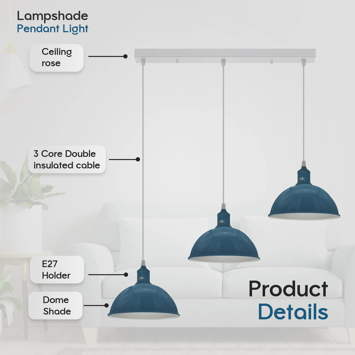 3-Light Dome Pendant – Cyan Blue, Bar or Round Ceiling Rose - photo 5