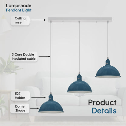 3-Light Dome Pendant – Cyan Blue, Bar or Round Ceiling Rose - photo 5