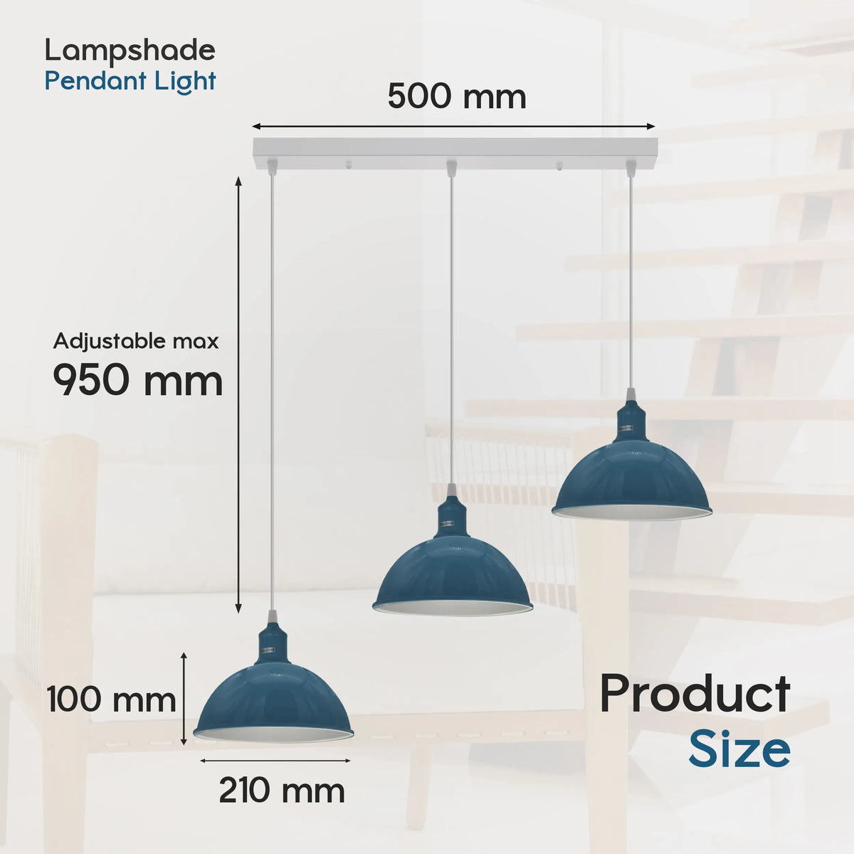 3-Light Dome Pendant – Cyan Blue, Bar or Round Ceiling Rose - photo 6