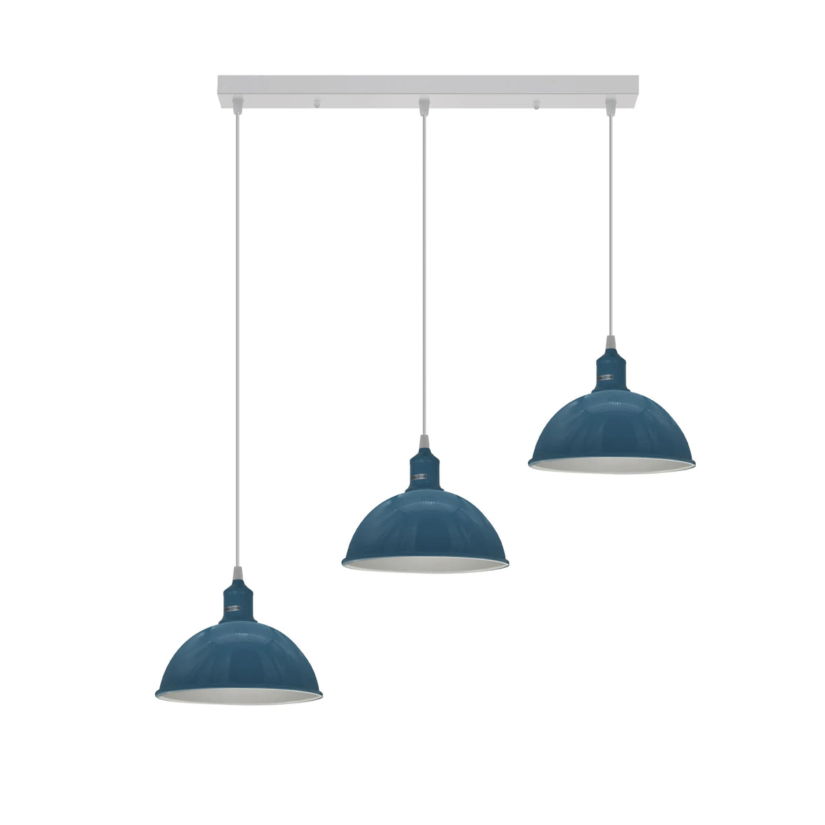 3-Light Dome Pendant – Cyan Blue, Bar or Round Ceiling Rose - Cyan Blue, Dome 21 cm, Straight Bar, Without Bulb