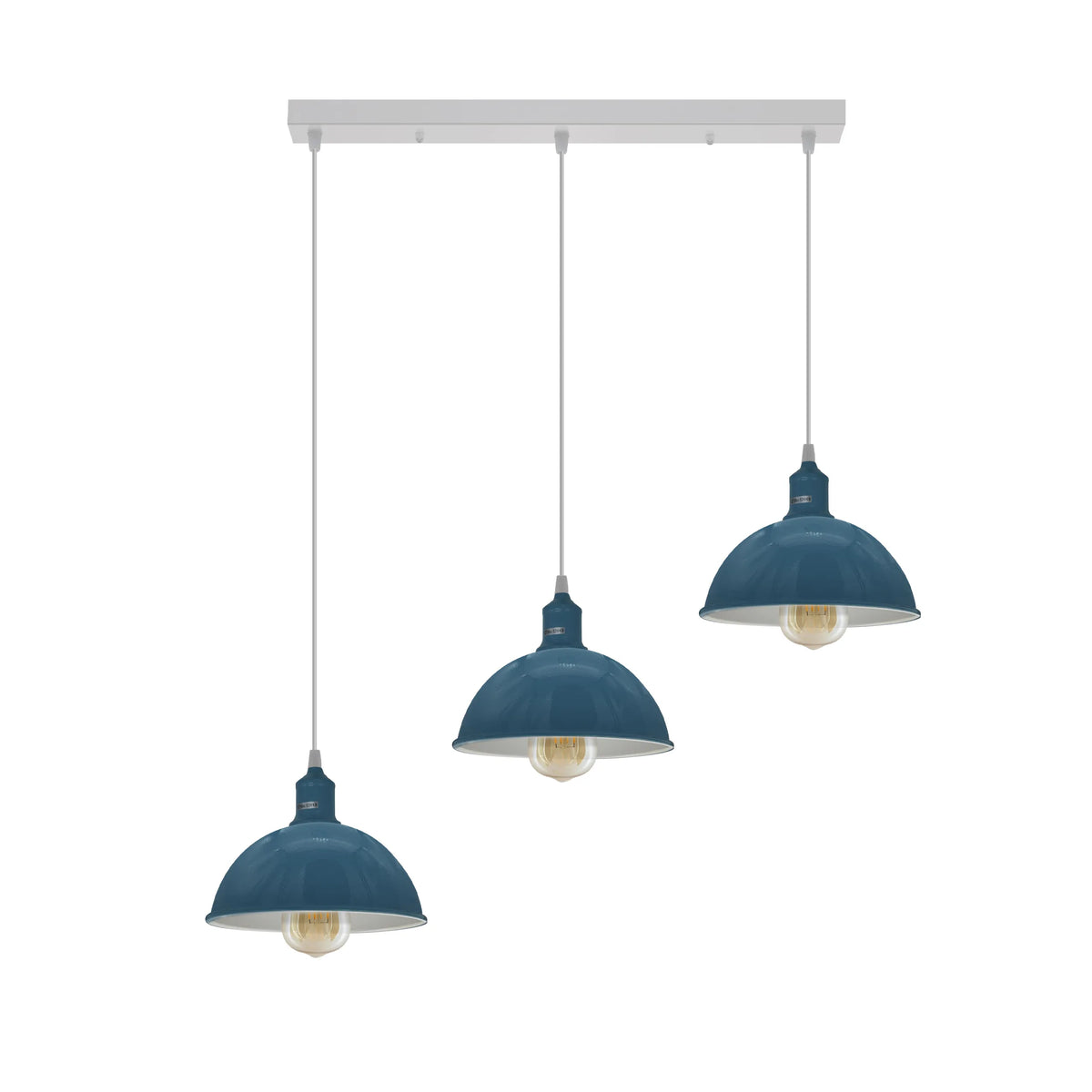 3-Light Dome Pendant – Cyan Blue, Bar or Round Ceiling Rose - Cyan Blue, Dome 21 cm, Straight Bar, ST64 LED Bulb 4W