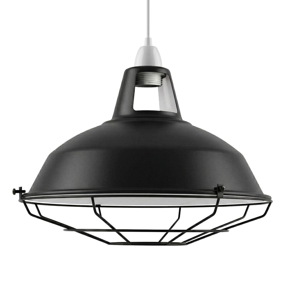 Slotted Barn Lamp Shade 31 cm – Reducer Ring or Cage Guard - Black & White Inner, 31 cm with Wire Cage Guard, Single