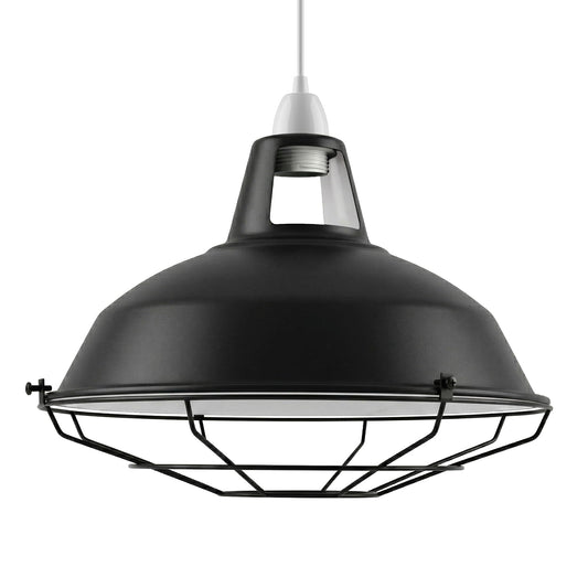 Slotted Barn Lamp Shade 31 cm – Reducer Ring or Cage Guard - Black & White Inner, 31 cm with Wire Cage Guard, Single