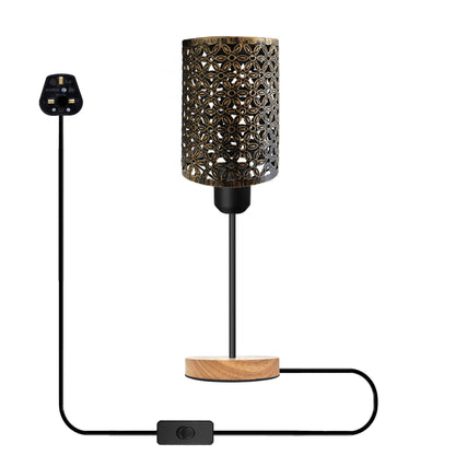 Barrel Cage Table Lamp with Wooden Base E27 - Brushed Brass, Without Bulb