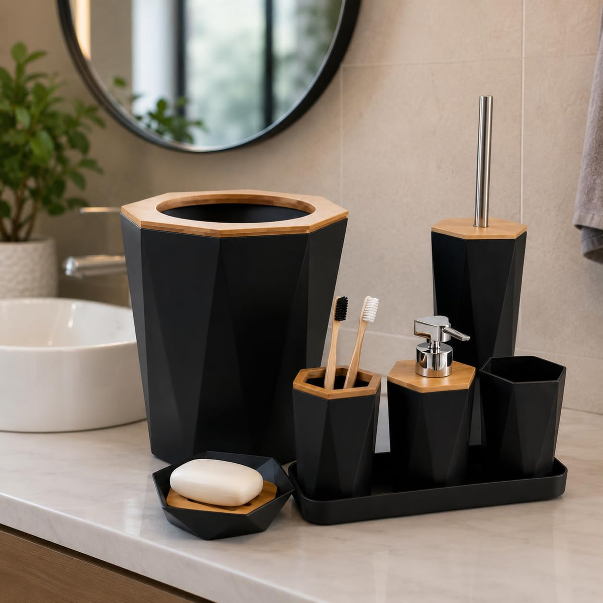 7-Piece Bathroom Accessory Set – Faceted Design, Bin & Toilet Brush, 3 Colours - Black