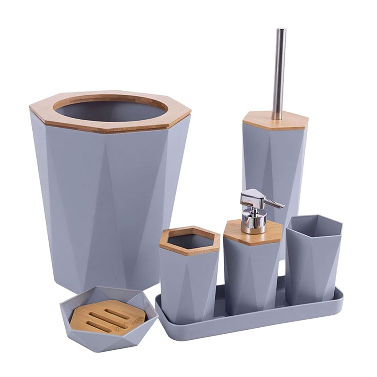 7-Piece Bathroom Accessory Set – Faceted Design, Bin & Toilet Brush, 3 Colours - Grey
