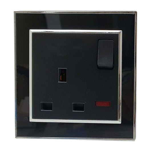 Black 13A Switched Wall Socket with Silver Edge – 1 & 2 Gang - 1 Gang Socket