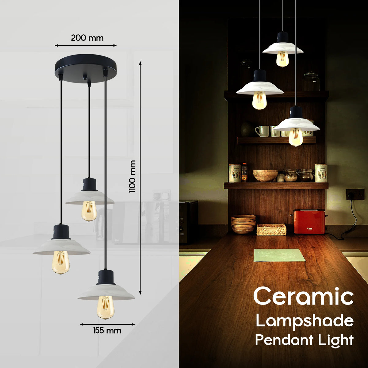 3-Light Ceramic-Style Shade Pendant – White, E27 - photo 3