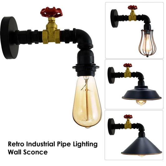Black & Gold Water Pipe Wall Light with Red Valve – E27