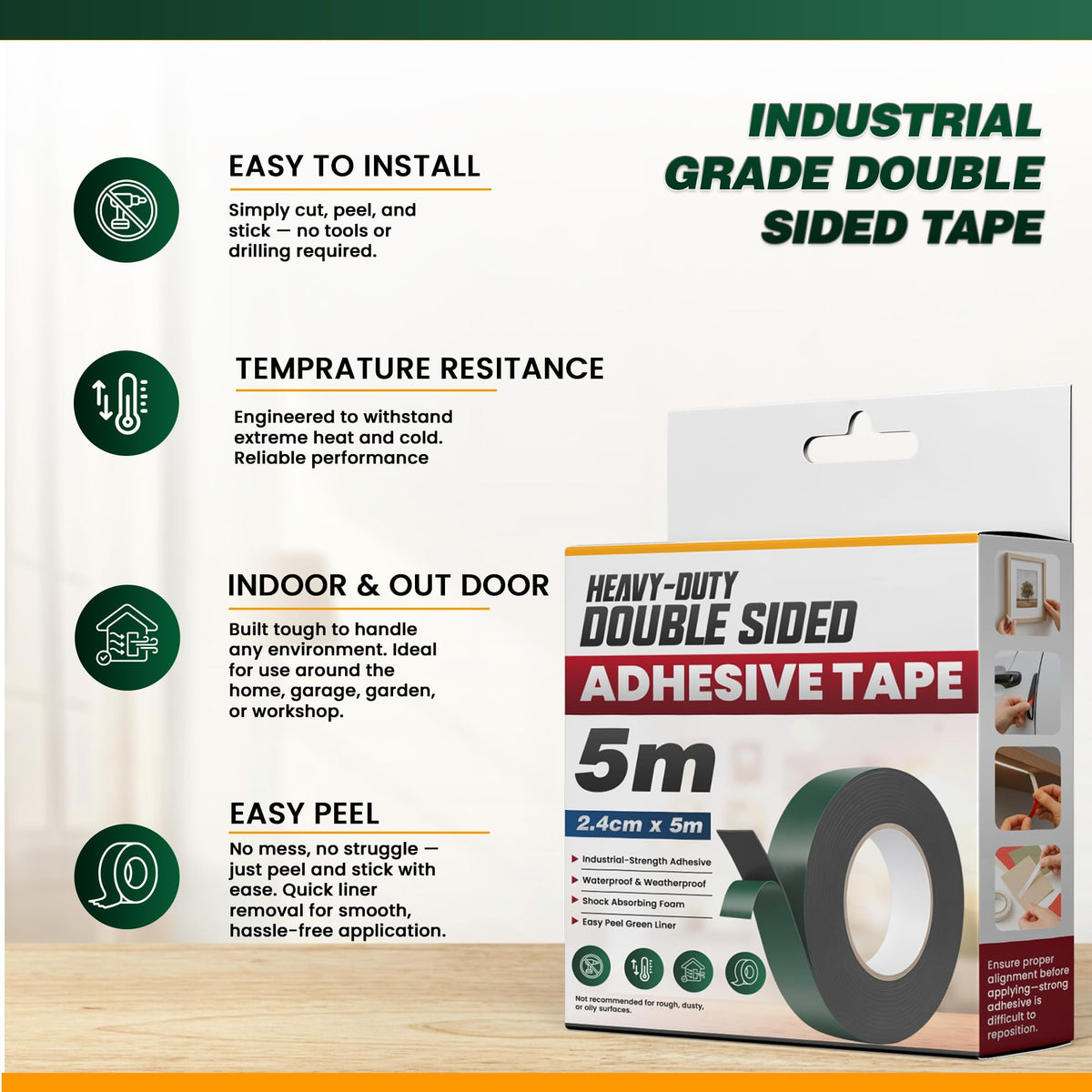 Black Foam Double-Sided Tape 2.4 cm x 5 m – High Tack, 1 to 6 Rolls - photo 5