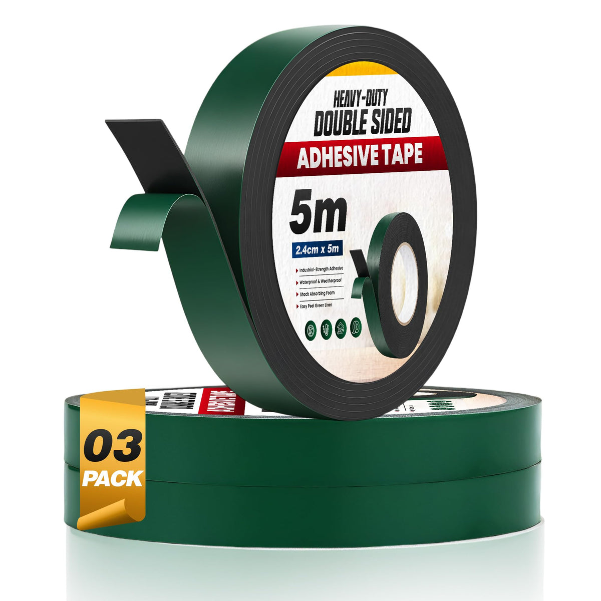 Black Foam Double-Sided Tape 2.4 cm x 5 m – High Tack, 1 to 6 Rolls - 3 Rolls