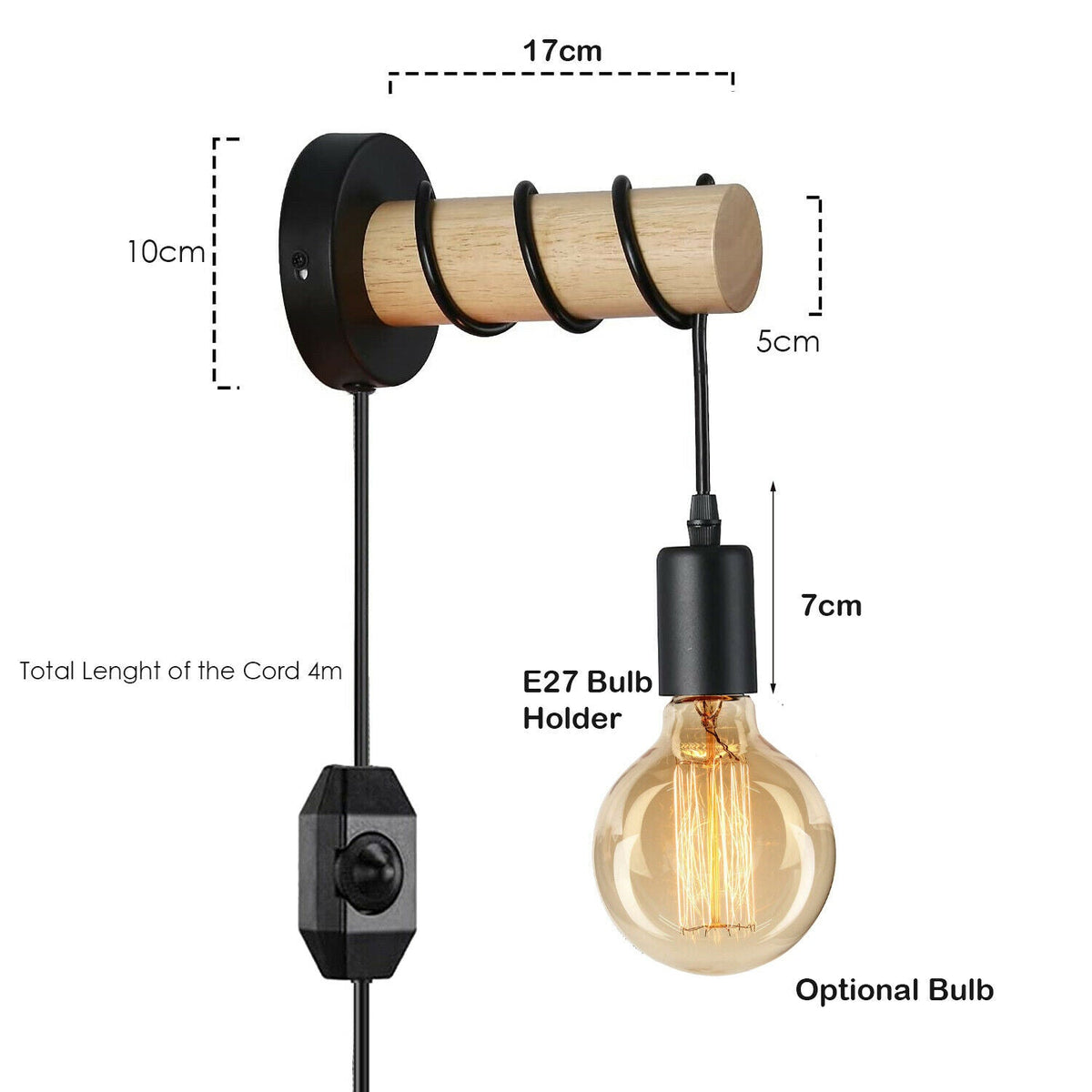 Plug-In Wood Log Wall Light with Dimmer – Black & Natural Wood, E27 - photo 2