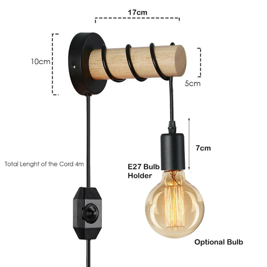 Plug-In Wood Log Wall Light with Dimmer – Black & Natural Wood, E27 - photo 2