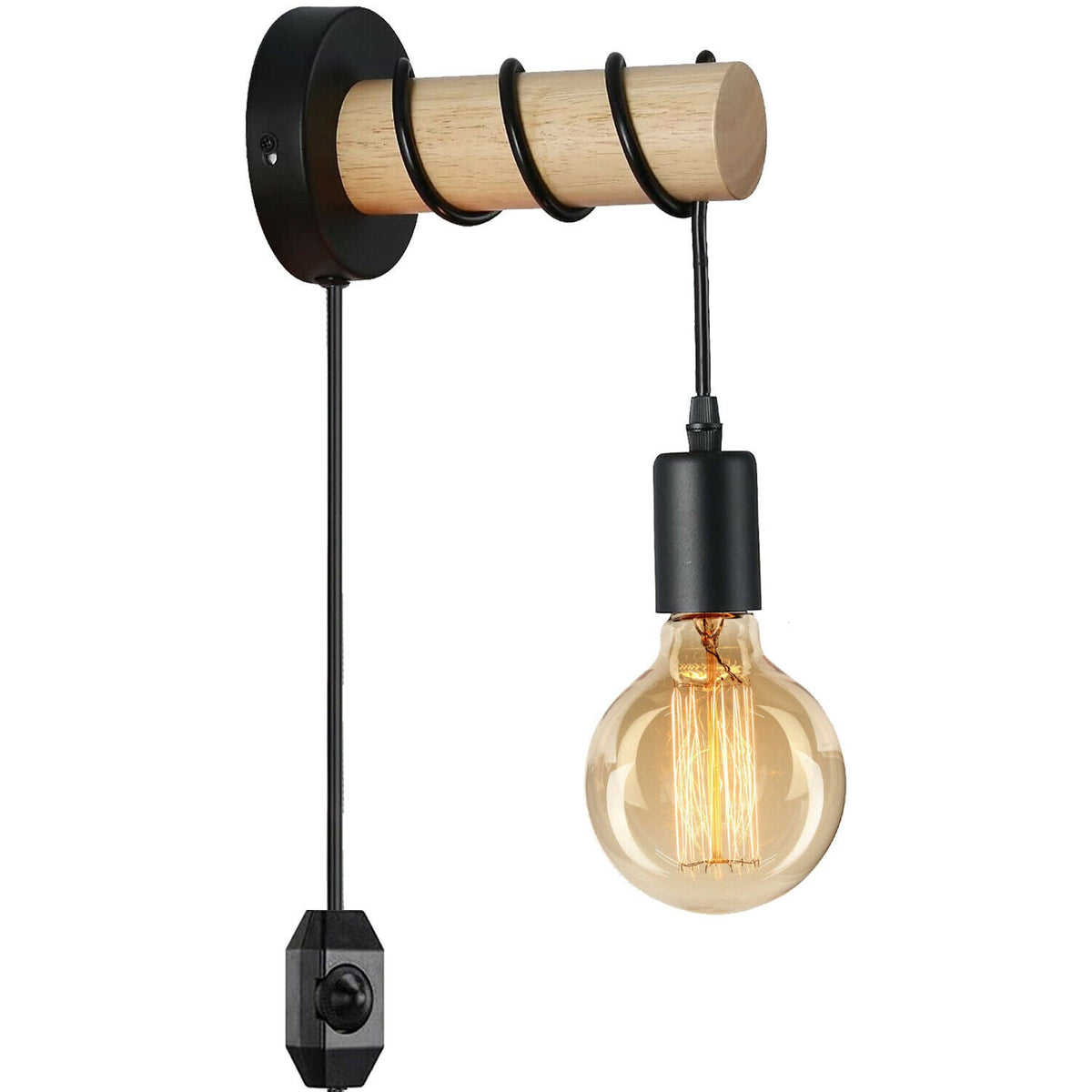 Plug-In Wood Log Wall Light with Dimmer – Black & Natural Wood, E27 - photo 5