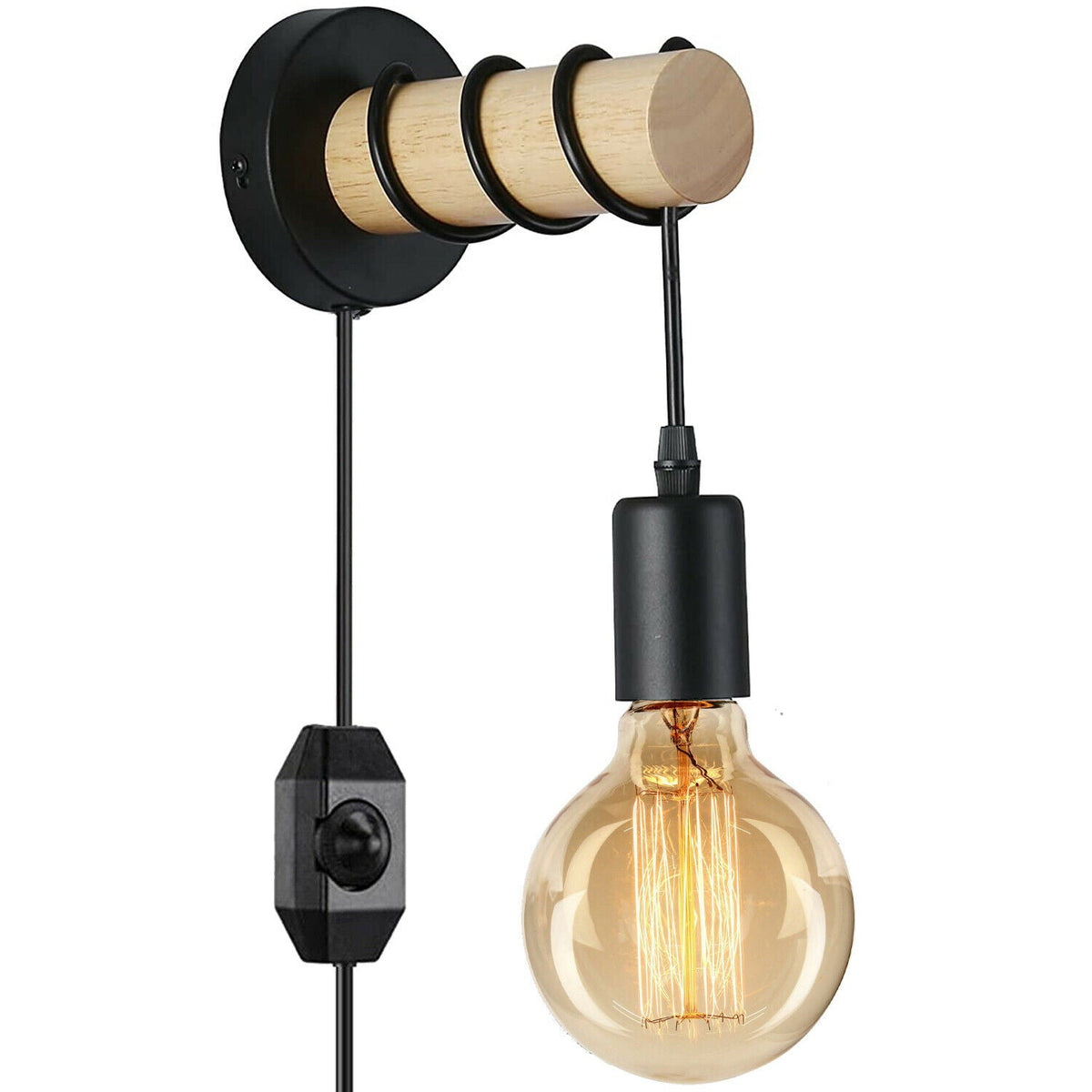 Plug-In Wood Log Wall Light with Dimmer – Black & Natural Wood, E27 - photo 6