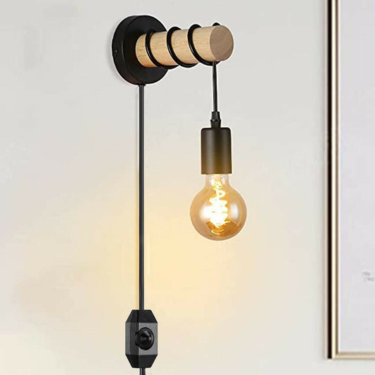 Plug-In Wood Log Wall Light with Dimmer – Black & Natural Wood, E27