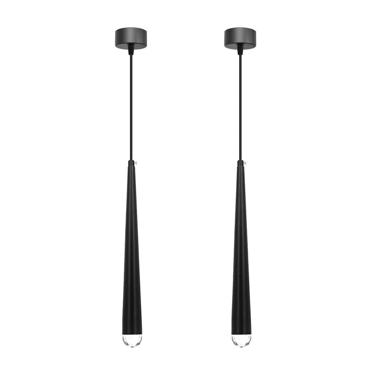 Long Tube Pendant Light – Black, GU10, Crystal Glass Tip - Standard, Pack of 2, Without Bulb