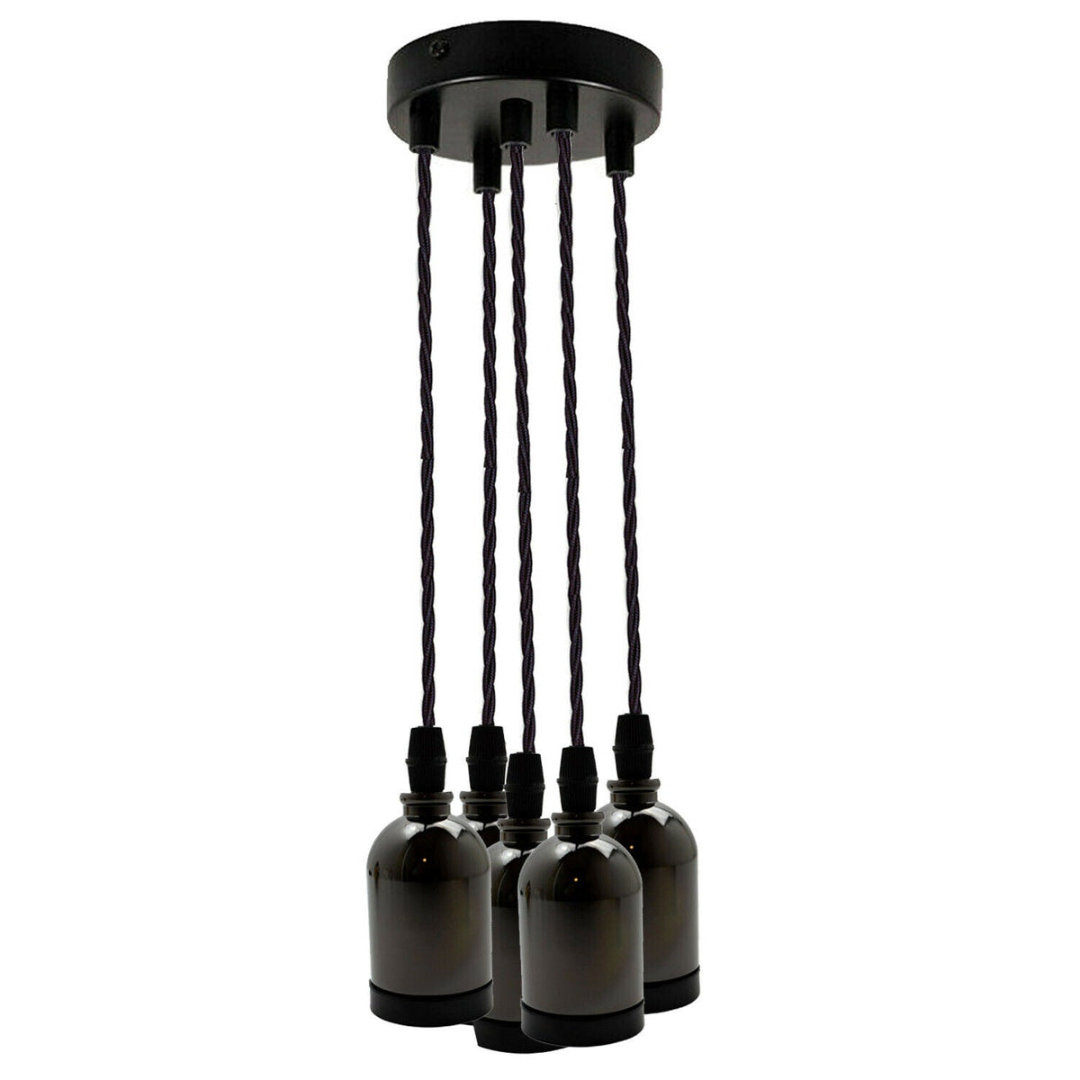 5 Light Cluster Pendant – Black, Twisted Cable, 12 cm Rose, E27