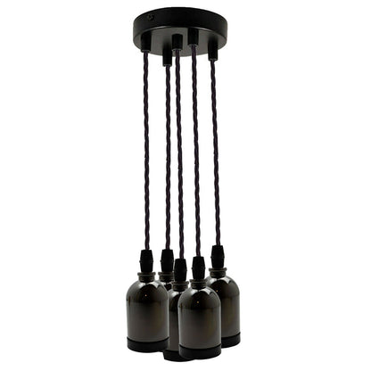 5 Light Cluster Pendant – Black, Twisted Cable, 12 cm Rose, E27
