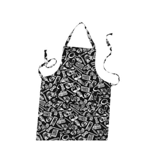 Black apron with white graphic design on a white background