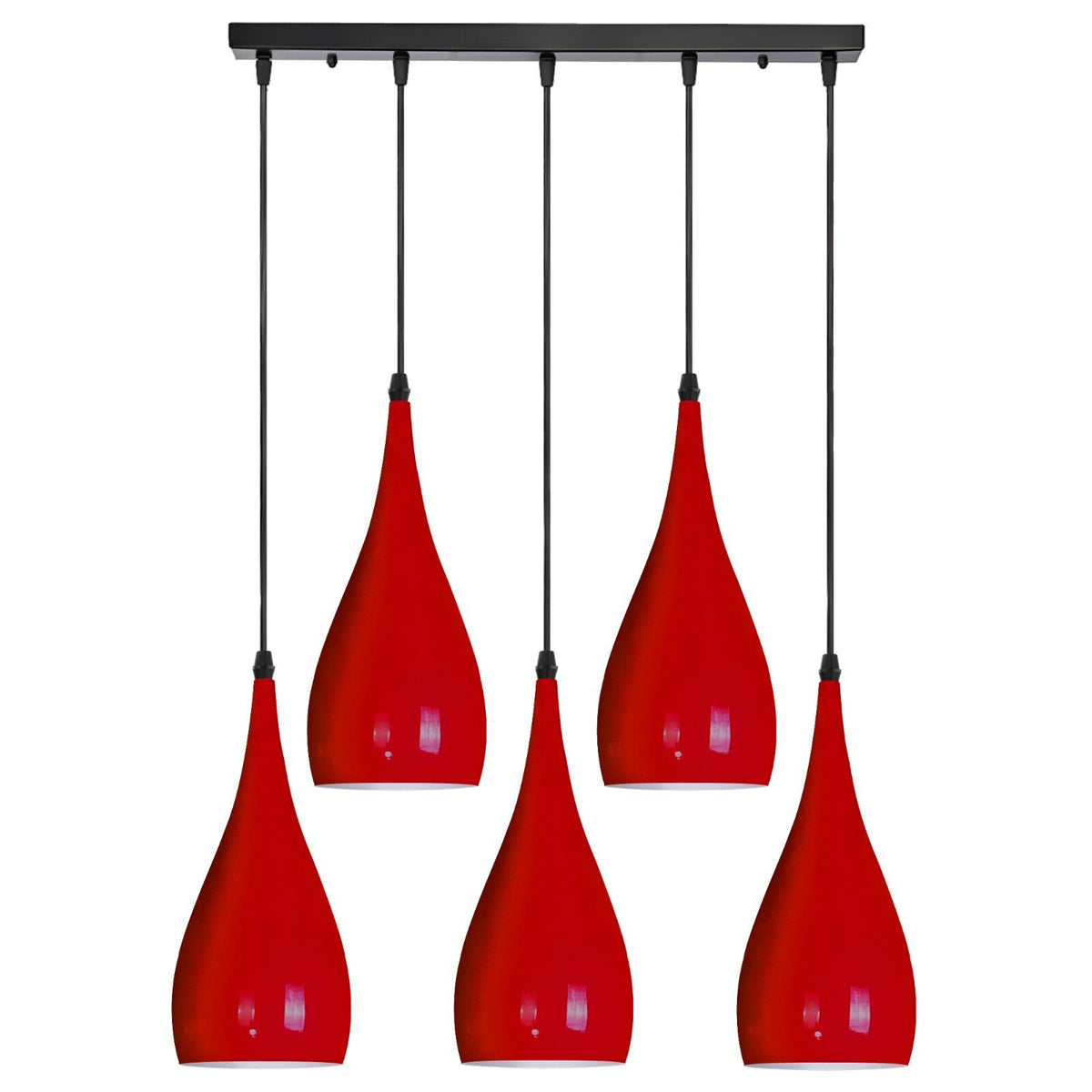 5-Light Bar Pendant – Teardrop Shades, 7 Colours or Mixes - Black, Teardrop, All Red, Without Bulb