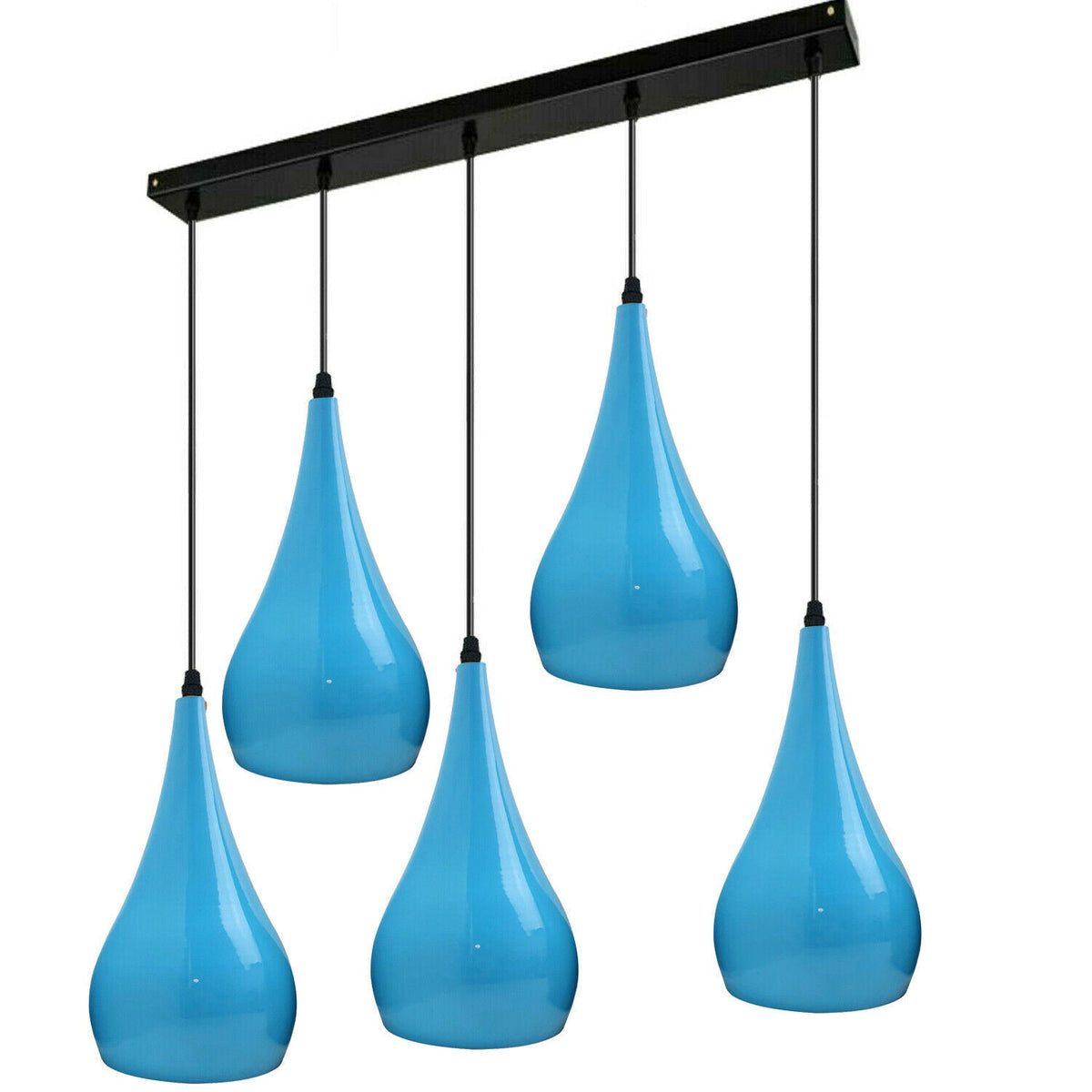 5-Light Bar Pendant – Teardrop Shades, 7 Colours or Mixes - Black, Teardrop, All Blue, Without Bulb