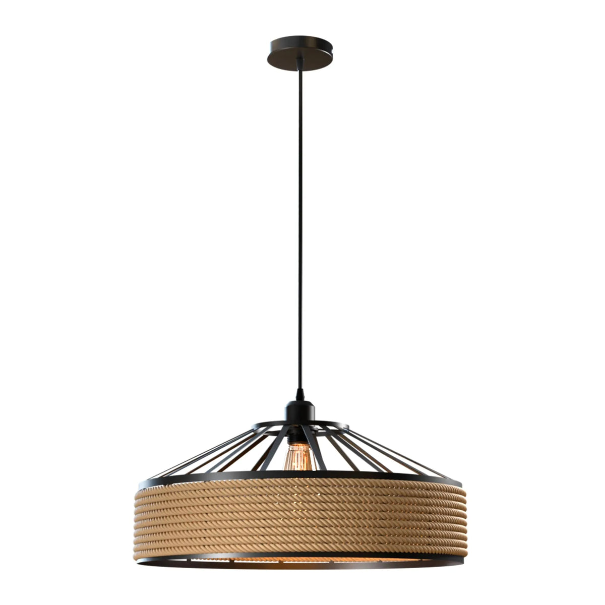 Black E27 Pendant Light – Hemp Rope Drum, Cage or Metal Shade - photo 11