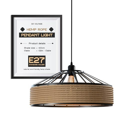 Black E27 Pendant Light – Hemp Rope Drum, Cage or Metal Shade - photo 2