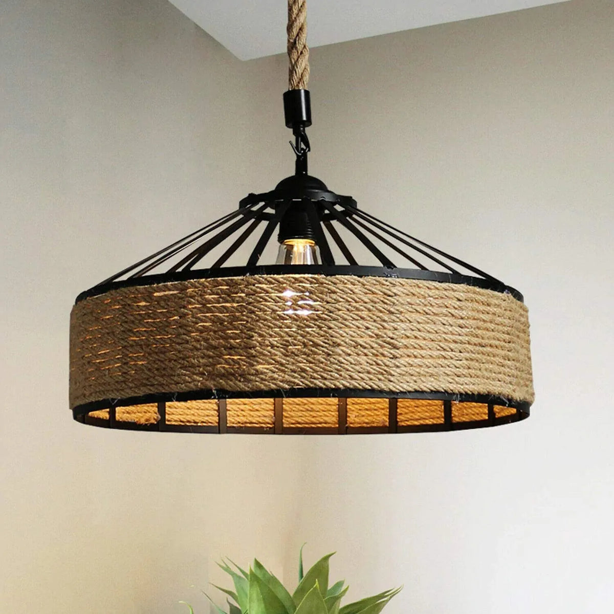 Black E27 Pendant Light – Hemp Rope Drum, Cage or Metal Shade - photo 4