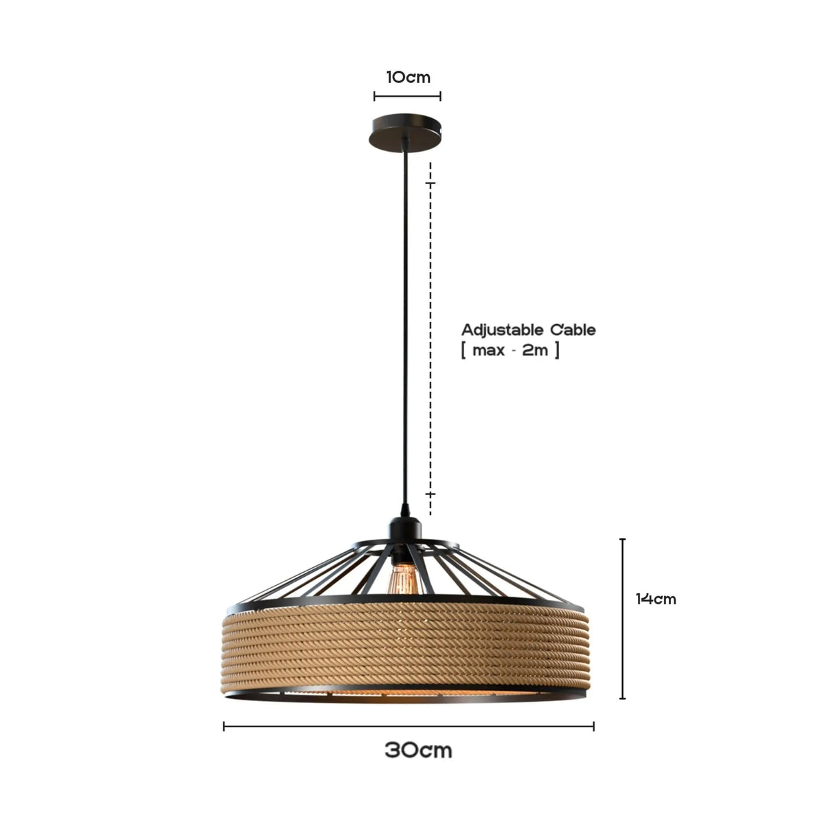 Black E27 Pendant Light – Hemp Rope Drum, Cage or Metal Shade - photo 5