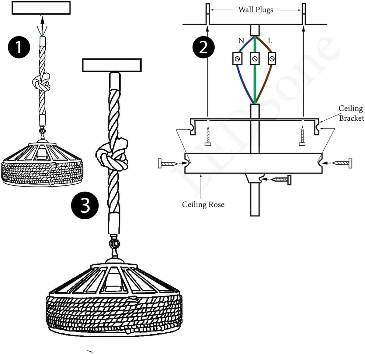 Black E27 Pendant Light – Hemp Rope Drum, Cage or Metal Shade - photo 7
